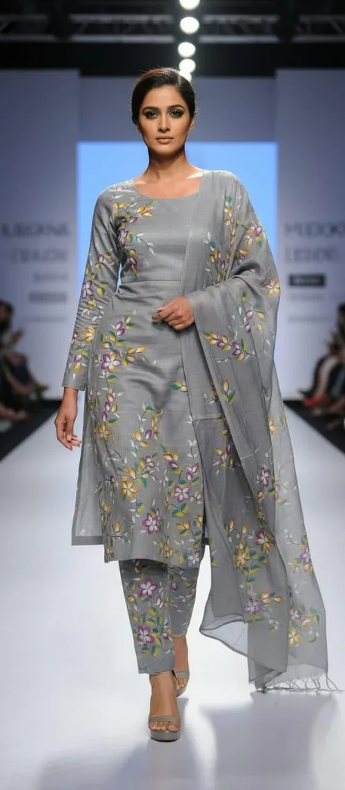 Premium Soft Slub Dupion Suit Piece with Artistic Floral Hand Print